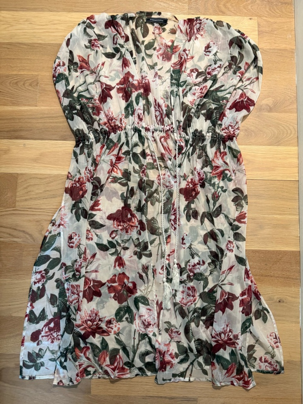 BCBGMaxAzria Cream Floral V-Neck Cover-up with Burgundy & Green Print